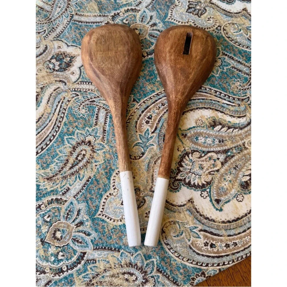 Wooden Salad Serving Spoon Set White Handles Vintage Wood Kitchen Utensils Pair